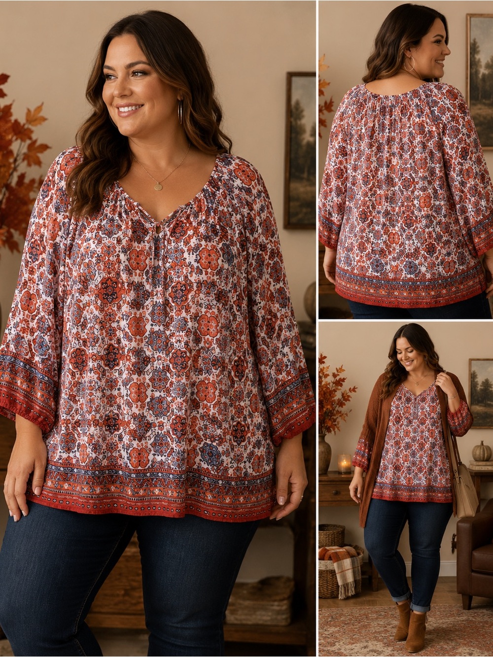 Artisan NY Women’s Size 2X Boho Peasant Tunic Top Medallion Print Bell Sleeve